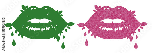 Vibrant lips with leaves and dripping liquid, symbolizing nature and sensuality