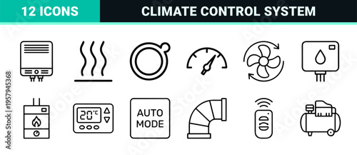 Climate Control and Weather Monitoring Outline Icons for Smart Home Interfaces, HVAC Systems, and Meteorological Applications