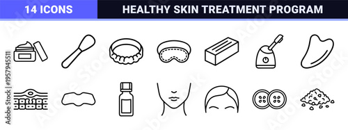 Minimalist Skin Care and Dermatology Line Art Icons featuring Facial Treatment Symbols, Cosmetic Packaging, and Clinical Beauty Procedures.
