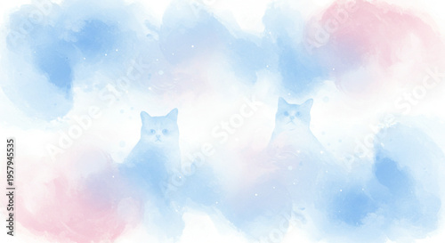 A whimsical watercolor painting of two cats emerging from a soft, ethereal mist of blue and pink colors.