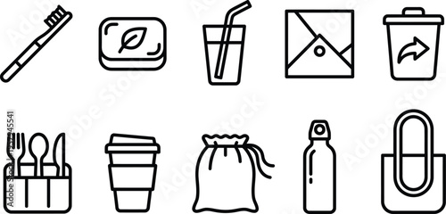International Plastic Free Day zero-waste tools icon pack with bamboo toothbrushes, soap bars, metal straws, reusable wraps, compost bins, utensil kits.