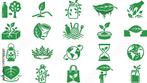 Eco sustainability icon pack with minimalist green solid vectors, featuring trees, leaves, sprouts, bottles, jars, bridges, hands, hearts, globes, and symbolic transformations.