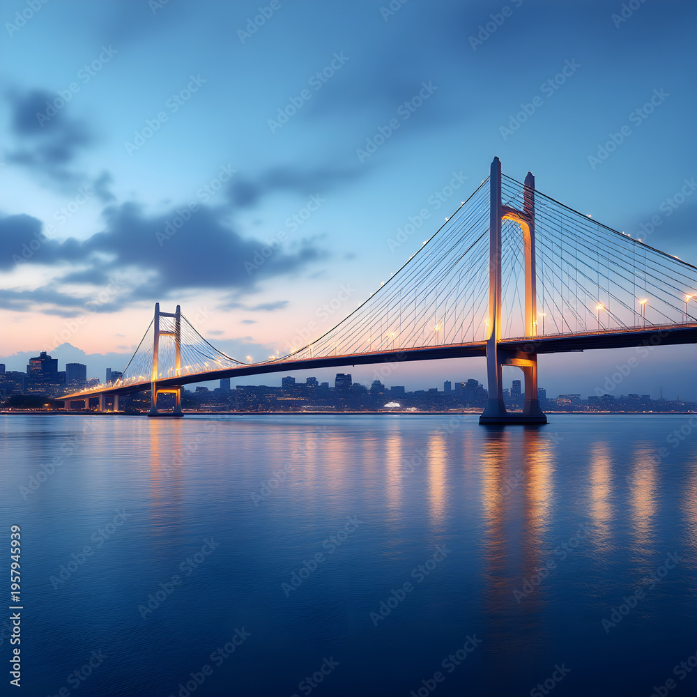 Fototapeta premium Suspension bridge over water at dusk
