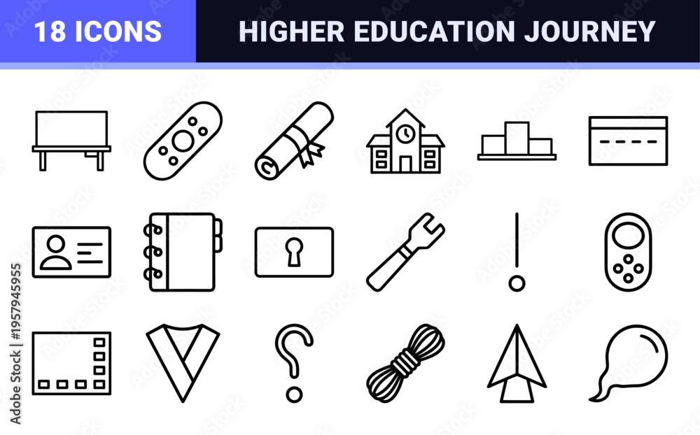 Fototapeta premium Academic Success and Higher Education Minimalist Monoline Outline Icon Set for University Graduation and Student Learning Content.