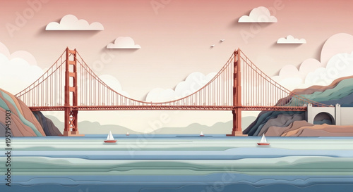 Wide-angle paper craft illustration showing the Golden Gate Bridge connecting rolling hills over a layered blue sea.