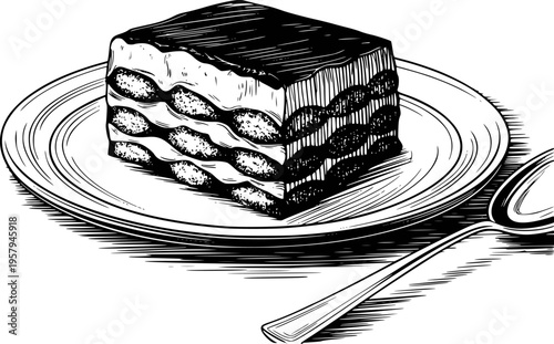 Hand drawn black and white tiramisu dessert a plate with spoon cake food
