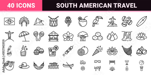 Brazilian Culture and South American Tourism Minimalist Monoline Outline Symbols for Commercial Travel Branding and Infographics.