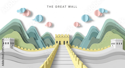 A creative 3D paper cut style illustration of the Great Wall of China with layered green mountains and pastel clouds.