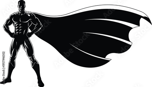 Black silhouette illustration of muscular superhero with flowing cape standing confidently, heroic character design concept for strength, power, action, comic book style, and popular culture projects