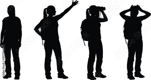 Black silhouette illustration of person wearing backpack in multiple poses including standing, pointing gesture, observing with binoculars, and expressing surprise with hands on head.