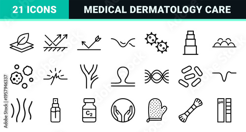 Professional Dermatology and Skincare Medical Icon Set featuring Minimalist Monoline Geometric Line Art for Skin Health Analysis.