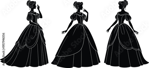 Black silhouette illustration of three elegant women in floor-length ball gowns with puffed sleeves and styled hair, representing fashion design, costume concepts, and historical attire