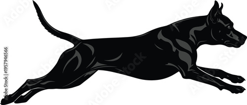 Black silhouette of athletic dog leaping mid-air with extended legs, muscular body, pointed ears, streamlined motion, symbolizing speed, agility, energy, playfulness, and canine action