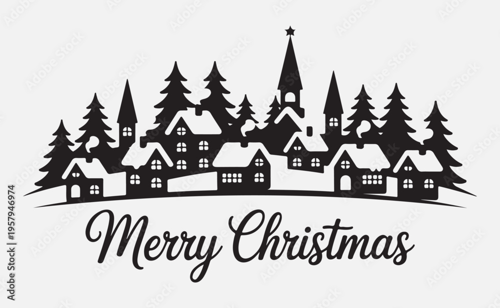 Fototapeta premium Merry christmas village scene with snowy houses and trees