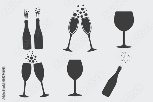  bottles and glasses with popping corks and bubble silhouette illustration. alcohol drink bar and beverage theme vector