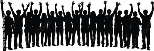 Black silhouette of large crowd of people with hands raised in the air for victory success celebration protest unity and community event concept isolated on white
