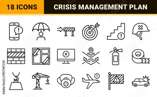 Minimalist monoline risk management and crisis mitigation outline line art for business security and emergency planning applications.