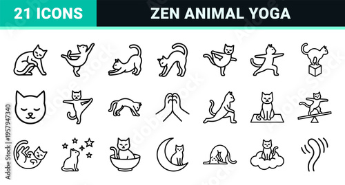 Minimalist Monoline Yoga Cat Pose Outline Symbols for Feline Wellness Branding and Digital Pet Health App Design Interfaces