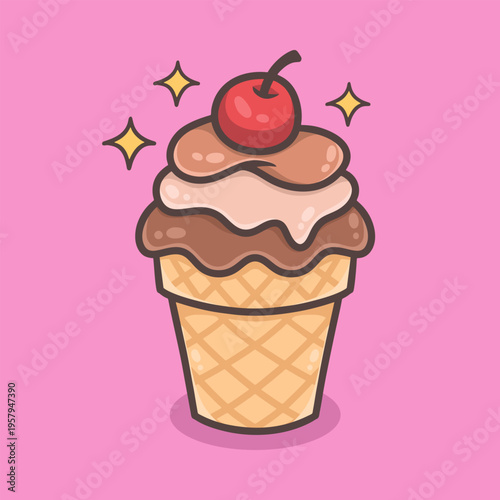 Ice Cream Cone With Cherry Illustration for icon, sticker and other uses