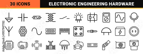 Electrical Engineering and Electronic Hardware Component Outline Icons for Professional Technical Schematics and Circuit Design Documentation.