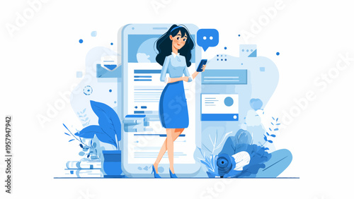 Vibrant illustration depicting a stylish woman confidently engaging with a modern smartphone, highlighting the ease of mobile communication, app interaction, and a streamlined digital user experience