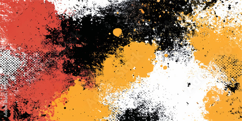 Abstract, artistic splatter of colors blend to form an eye-catching graphic composition. Featuring a chaotic mix of red, yellow, and black hues, the image exudes vibrancy and creativity.