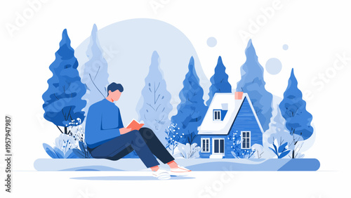 Serene illustration of a man engrossed in reading a book, finding tranquil solitude by a cozy blue cabin nestled amidst a peaceful winter forest landscape