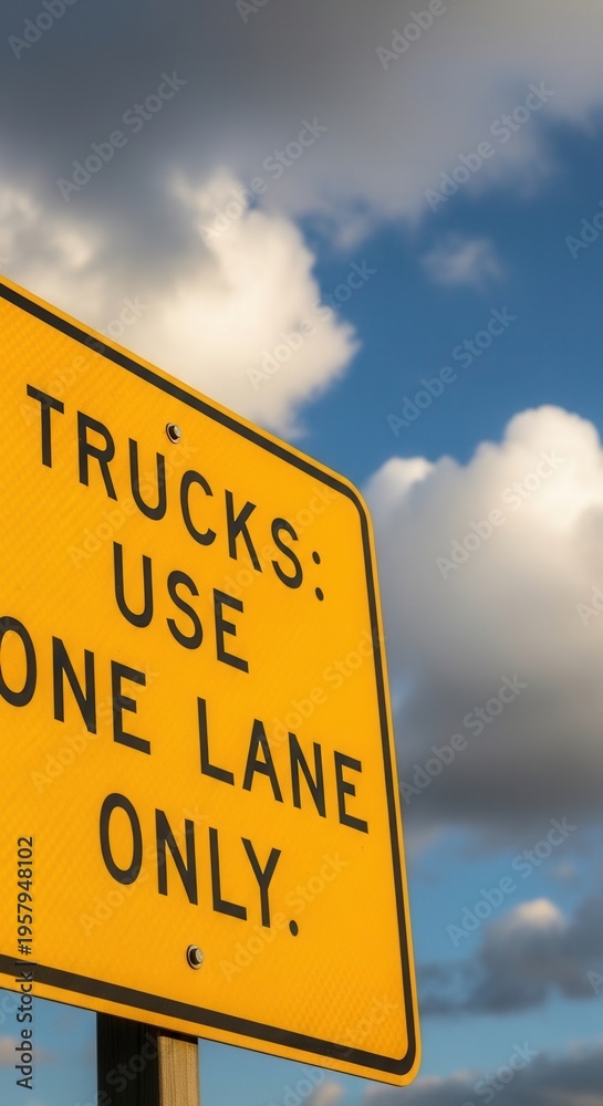 Fototapeta premium Trucks Use One Lane Only Road Sign Against Cloudy Sky