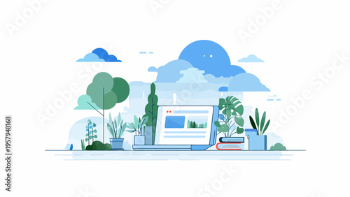 Modern digital workspace illustration featuring a laptop surrounded by lush indoor plants and fluffy clouds, symbolizing remote work, productivity, and natural harmony in a creative online environment