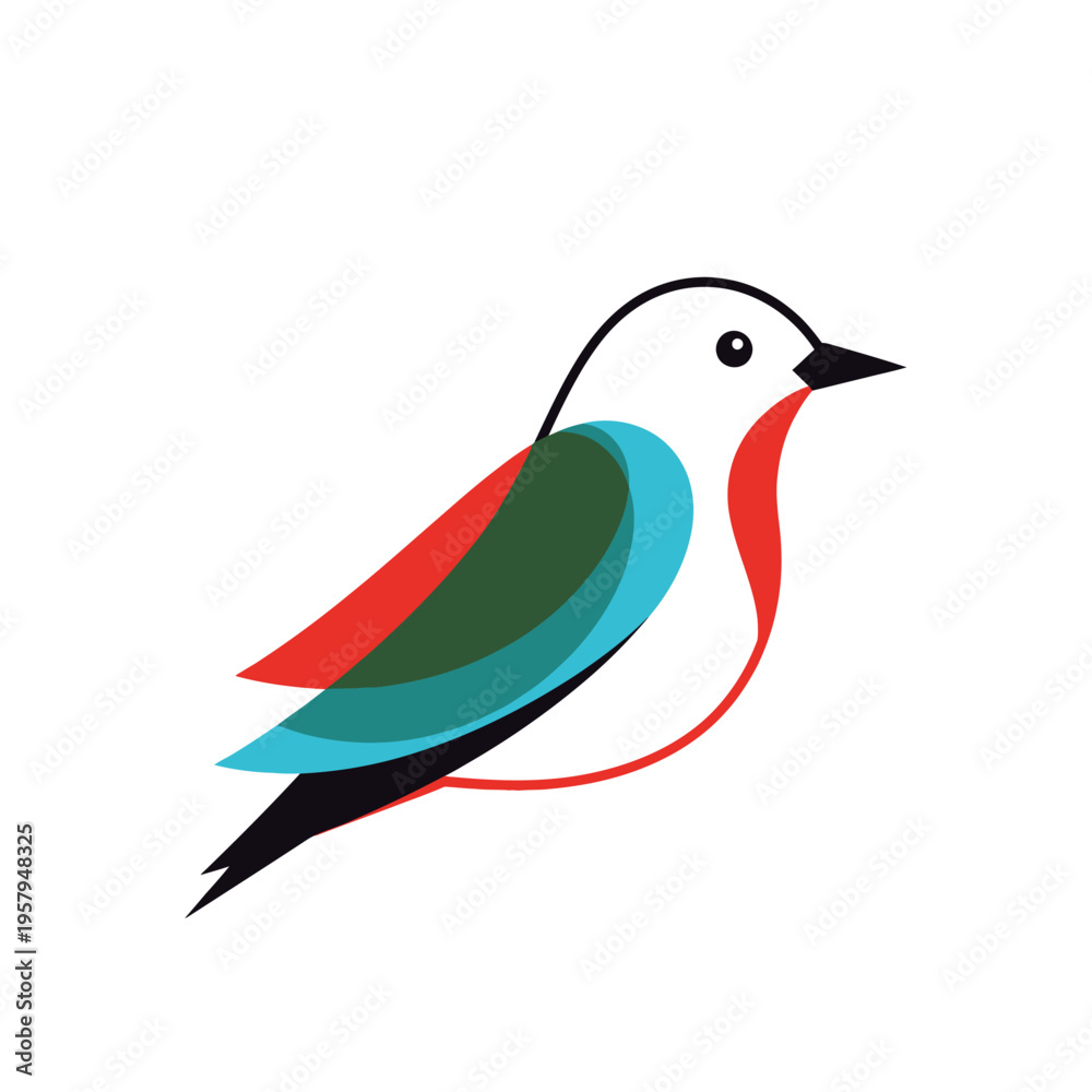 Fototapeta premium Stylized Bird Illustration with Red, Green, and Blue Accents on White Background