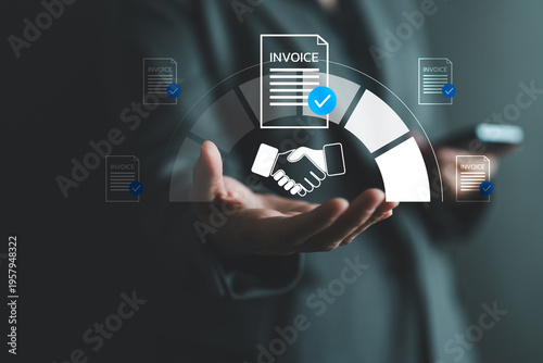 Businesswoman managing digital invoice workflow with approval interface, billing process, financial transaction, business agreement, document verification, payment approval and accounting automation.