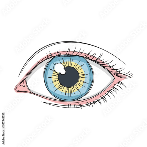 Close-up illustration of a blue human eye with detailed iris and eyelashes, hand-drawn style