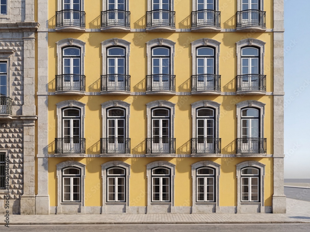 Fototapeta premium Yellow building facade with arched windows and wrought iron balconies