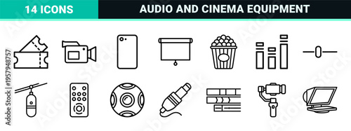 Cinematic video production and audio equipment minimal outline interface elements. Minimalist monoline geometric line art design.