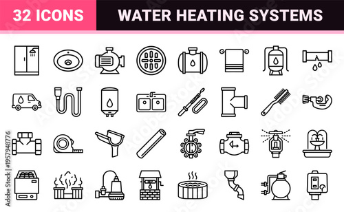 Plumbing and water utility monoline geometric line art focusing on reductive design and sophisticated minimalism for domestic use.