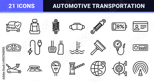 Minimalist geometric black outline automotive and electric vehicle maintenance symbols for modern interface design.