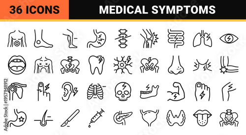 Minimalist monoline human anatomy and medical symptom outline geometric line art for healthcare and clinical utility.