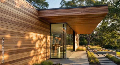 Contemporary wooden dwelling featuring expansive glass corners and warm natural finishes bathed in sunlight