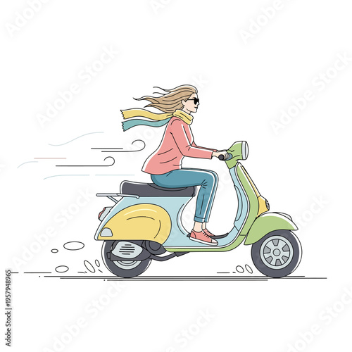 Woman riding a vintage scooter, wind blowing hair and scarf, modern illustration style