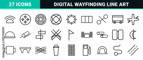 Navigation and location wayfinding mapping symbols in ultra minimalist monoline geometric line art for modern digital interfaces.