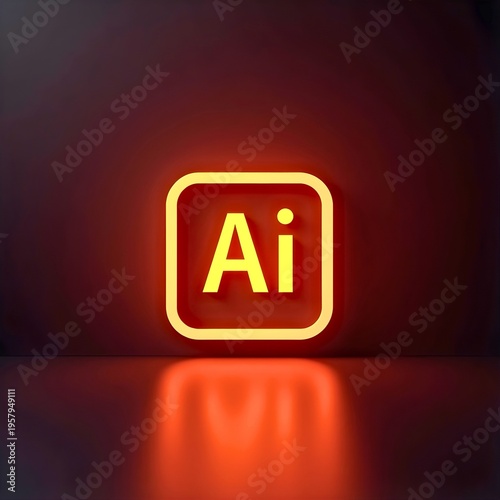 Artificial intelligence Neon Icon Illustration Featuring Bright Yellow Orange Glow Rounded Square Border Glossy Reflection Dark Background