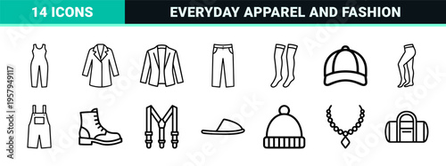 Minimalist monoline geometric line art representing basic apparel, clothing garments, and everyday wardrobe essentials.