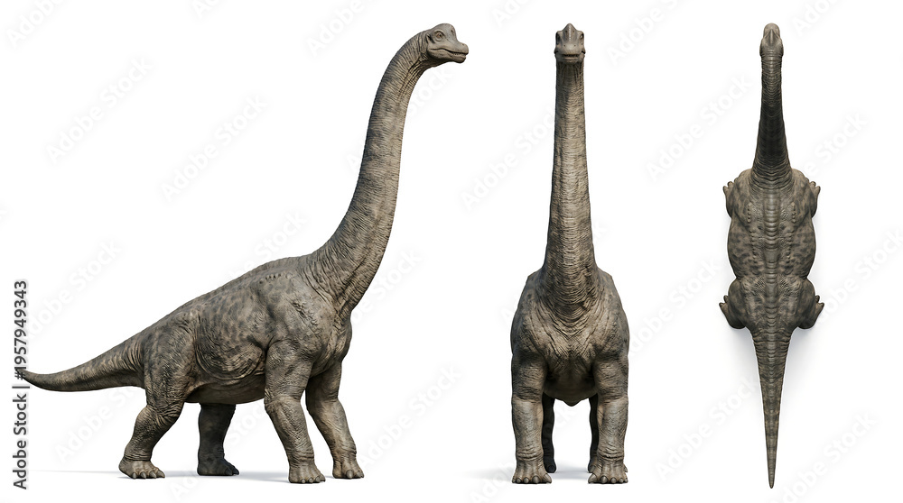 Fototapeta premium Brachiosaurus dinosaur 3D models in side front and top view isolated on white background