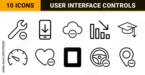 Minimalist geometric monoline symbols for user interface data reduction downward trends and system minimization utility.