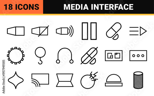 Minimalist monoline media player interface controls and audio visual application functionality featuring pure geometric outline design.