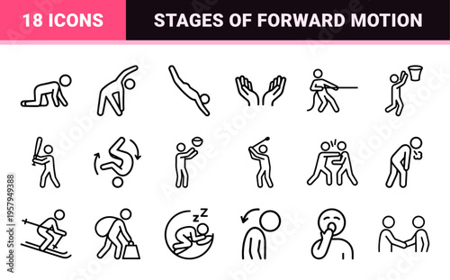 Minimalist black silhouette human figure motion sequence depicting stages of walking, jogging, and running for animation.