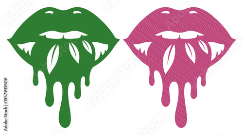 Vibrant lips with dripping liquid and floral design, symbolizing beauty and expression.