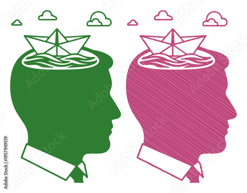 Two stylized profiles with paper boats sailing in their minds symbolizing different ideas and perspectives.