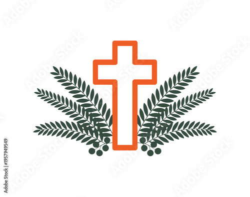 A minimalist vector graphic of a cross surrounded by leaves and berries on a white background