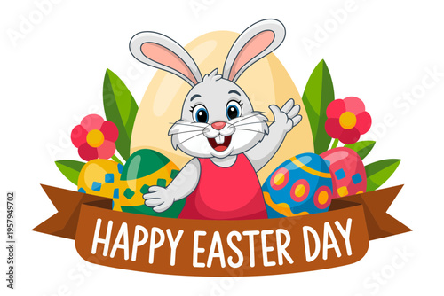 A cheerful Easter bunny illustration with colorful eggs and flowers, perfect for holiday greetings and decorations.